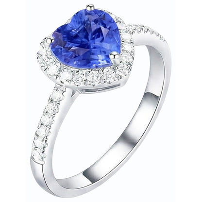 Natural Earth Mined Diamond Halo Heart Shaped Blue Sapphire Ring 3.50 Carats