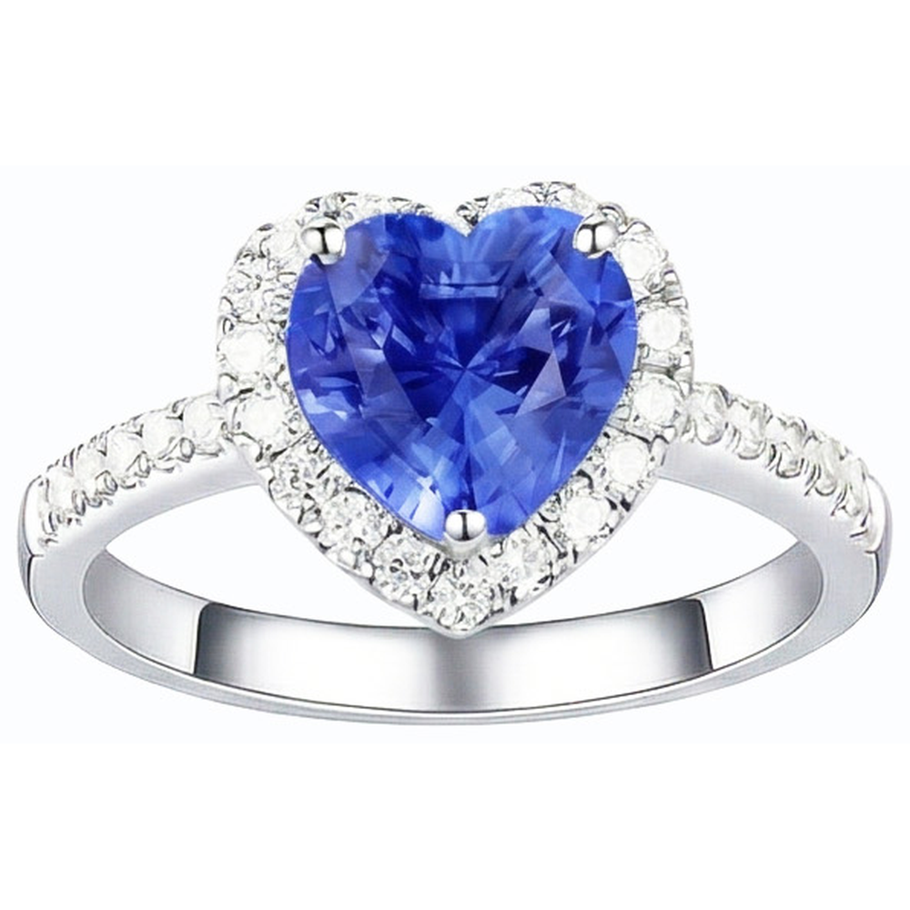 Natural Earth Mined Diamond Halo Heart Shaped Blue Sapphire Ring 3.50 Carats