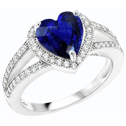 Natural Earth Mined Diamond Halo Heart Shaped Blue Sapphire Ring Split Shank 4 Carats
