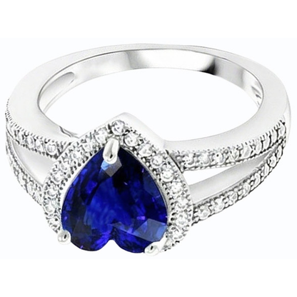 Natural Earth Mined Diamond Halo Heart Shaped Blue Sapphire Ring Split Shank 4 Carats