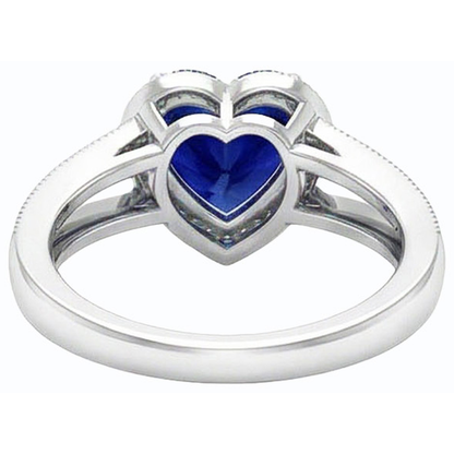 Natural Earth Mined Diamond Halo Heart Shaped Blue Sapphire Ring Split Shank 4 Carats