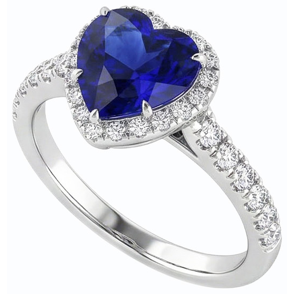 Natural Earth Mined Diamond Halo Heart Srilanka Sapphire Ring 3.50 Carats Gold 14K