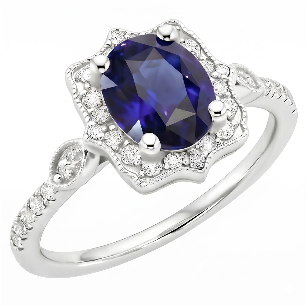 Natural Earth Mined Diamond Halo Oval Ceylon Sapphire Ring 4 Carats Jewelry Gold