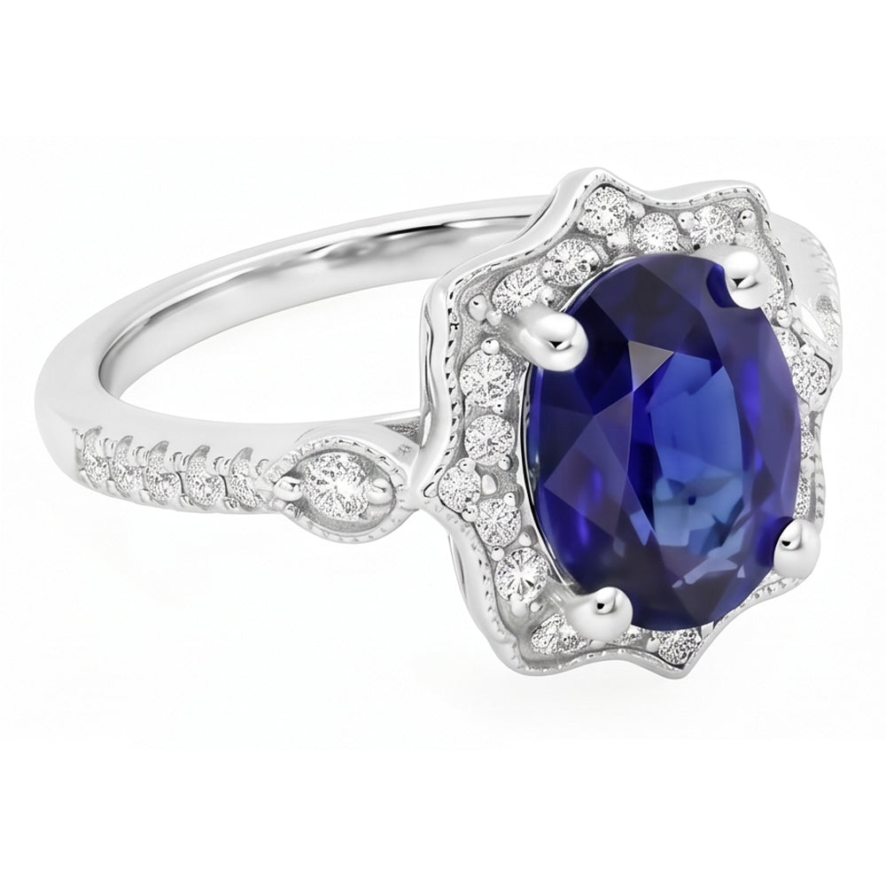 Natural Earth Mined Diamond Halo Oval Ceylon Sapphire Ring 4 Carats Jewelry Gold
