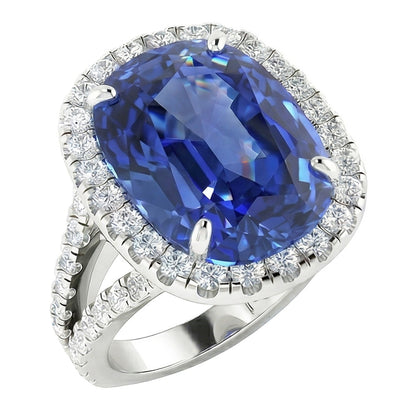 Natural Earth Mined Diamond Halo Oval Ceylon Sapphire Ring Pave Split Shank 6 Carats