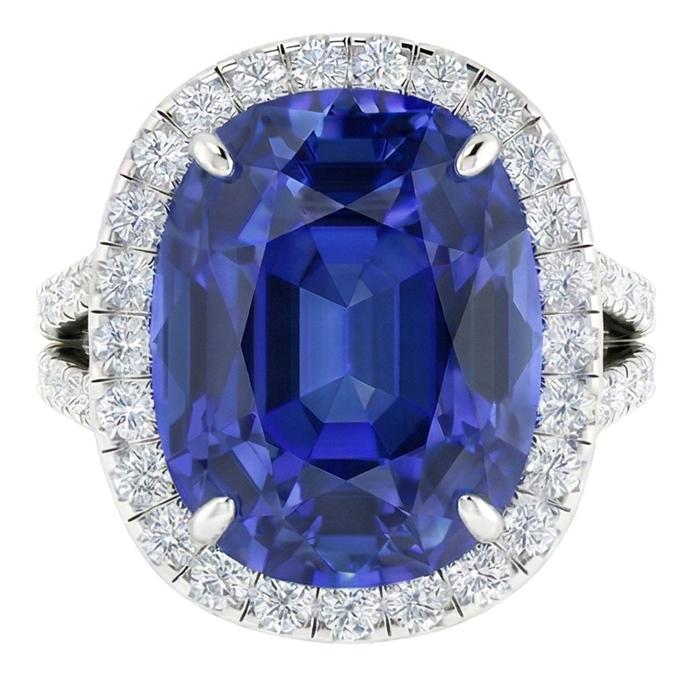 Natural Earth Mined Diamond Halo Oval Ceylon Sapphire Ring Pave Split Shank 6 Carats