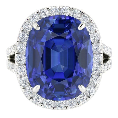 Natural Earth Mined Diamond Halo Oval Ceylon Sapphire Ring Pave Split Shank 6 Carats