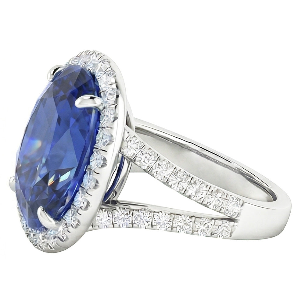 Natural Earth Mined Diamond Halo Oval Ceylon Sapphire Ring Pave Split Shank 6 Carats