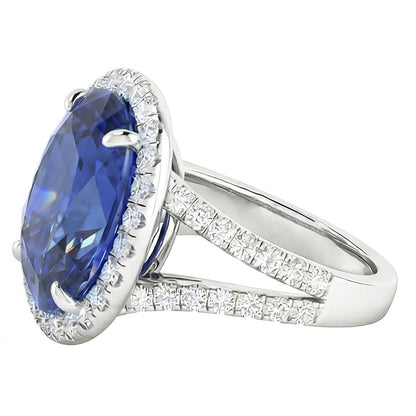 Natural Earth Mined Diamond Halo Oval Ceylon Sapphire Ring Pave Split Shank 6 Carats