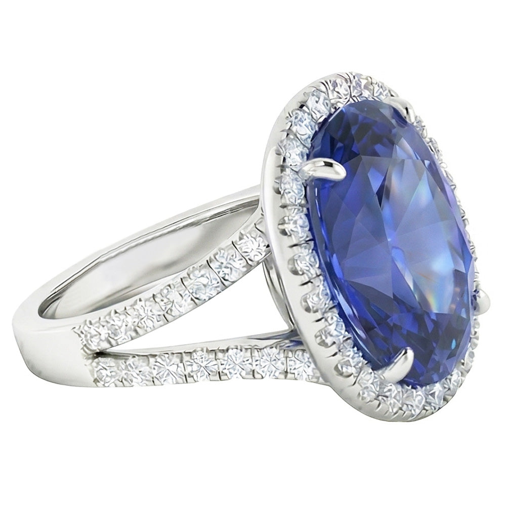 Natural Earth Mined Diamond Halo Oval Ceylon Sapphire Ring Pave Split Shank 6 Carats