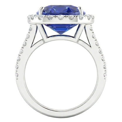 Natural Earth Mined Diamond Halo Oval Ceylon Sapphire Ring Pave Split Shank 6 Carats