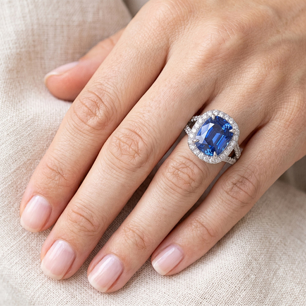 Natural Earth Mined Diamond Halo Oval Ceylon Sapphire Ring Pave Split Shank 6 Carats