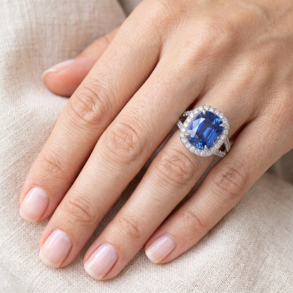 Natural Earth Mined Diamond Halo Oval Ceylon Sapphire Ring Pave Split Shank 6 Carats