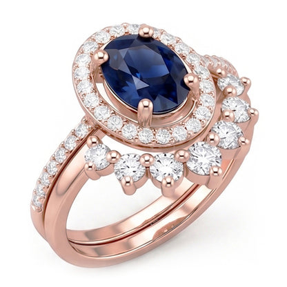 Natural Earth Mined Diamond Halo Oval Engagement Ring Set Blue Sapphire 3.50 Carats Gold