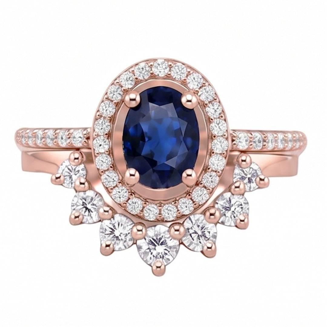 Natural Earth Mined Diamond Halo Oval Engagement Ring Set Blue Sapphire 3.50 Carats Gold