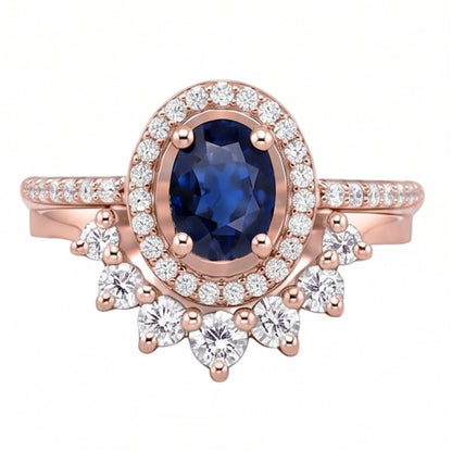 Natural Earth Mined Diamond Halo Oval Engagement Ring Set Blue Sapphire 3.50 Carats Gold