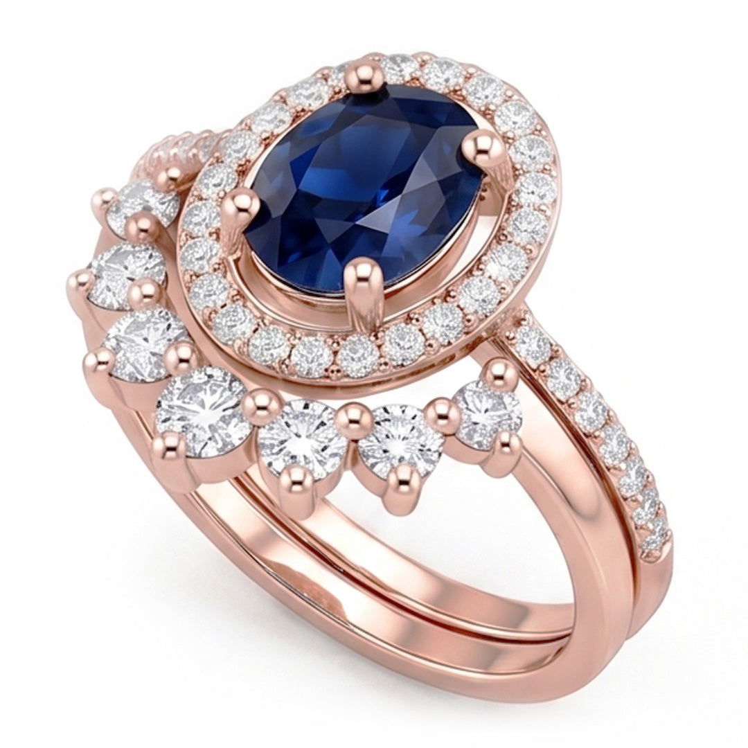 Natural Earth Mined Diamond Halo Oval Engagement Ring Set Blue Sapphire 3.50 Carats Gold