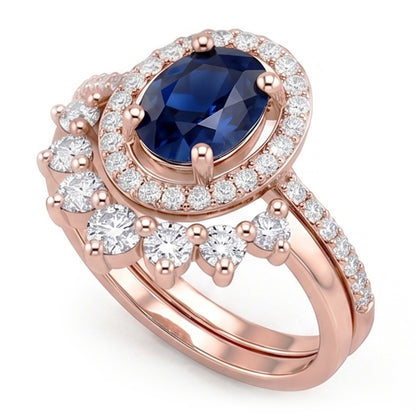 Natural Earth Mined Diamond Halo Oval Engagement Ring Set Blue Sapphire 3.50 Carats Gold