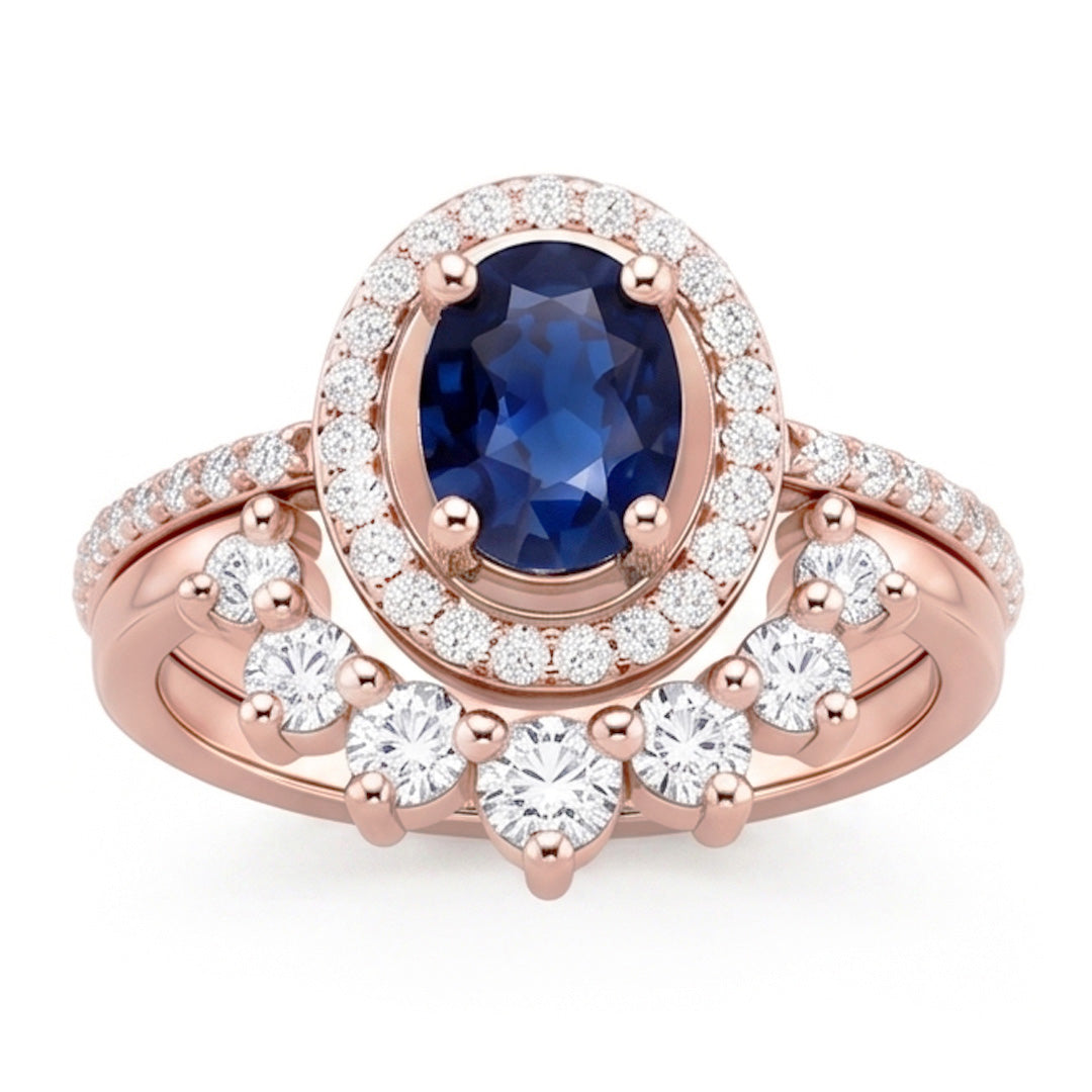 Natural Earth Mined Diamond Halo Oval Engagement Ring Set Blue Sapphire 3.50 Carats Gold