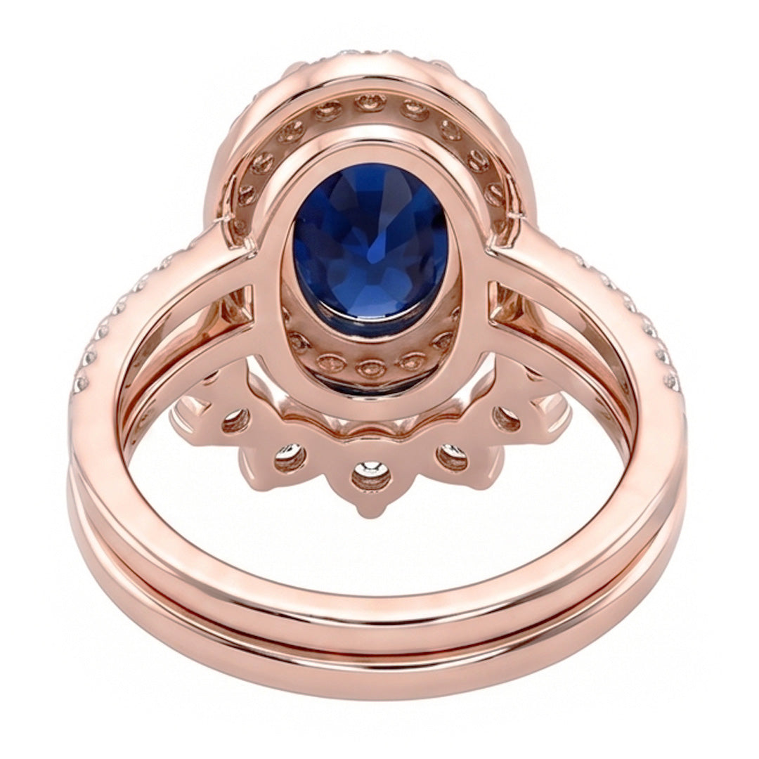 Natural Earth Mined Diamond Halo Oval Engagement Ring Set Blue Sapphire 3.50 Carats Gold
