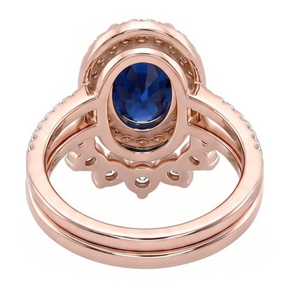 Natural Earth Mined Diamond Halo Oval Engagement Ring Set Blue Sapphire 3.50 Carats Gold