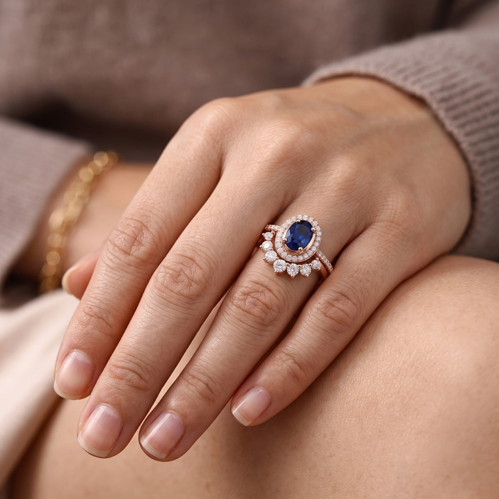 Natural Earth Mined Diamond Halo Oval Engagement Ring Set Blue Sapphire 3.50 Carats Gold