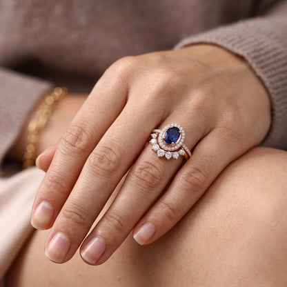Natural Earth Mined Diamond Halo Oval Engagement Ring Set Blue Sapphire 3.50 Carats Gold