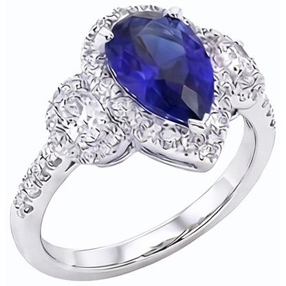 Natural Earth Mined Diamond Halo Pear Ceylon Sapphire Ring 3 Stone Style 4.50 Carats