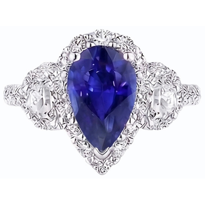 Natural Earth Mined Diamond Halo Pear Ceylon Sapphire Ring 3 Stone Style 4.50 Carats