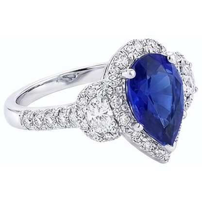 Natural Earth Mined Diamond Halo Pear Ceylon Sapphire Ring 3 Stone Style 4.50 Carats