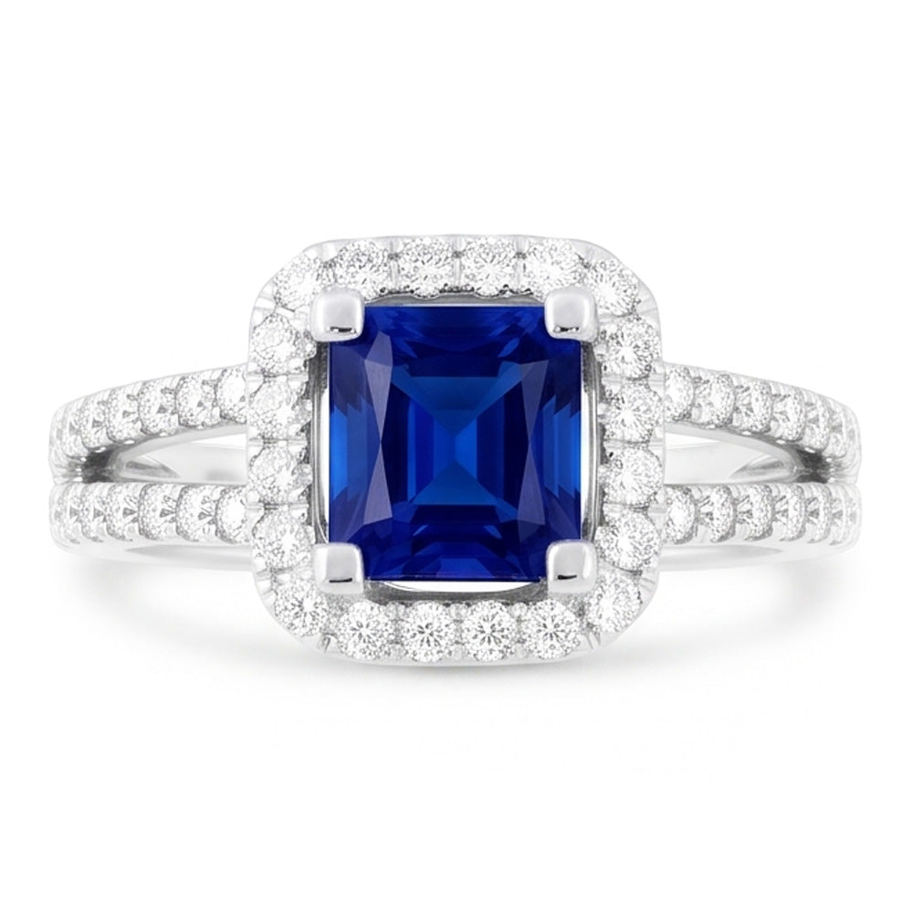 Natural Earth Mined Diamond Halo Radiant Sapphire Ring Double Shank 3 Carats Gold Jewelry