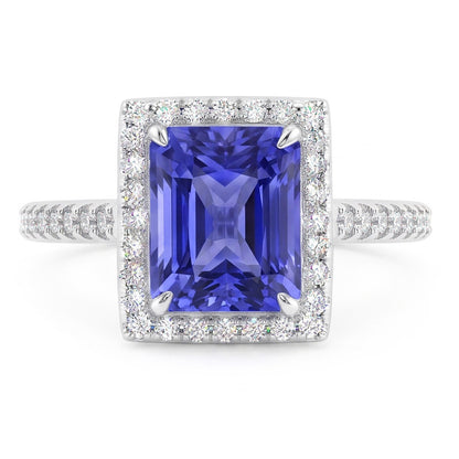 Natural Earth Mined Diamond Halo Radiant Sri Lankan Sapphire Ring 4.50 Carats White Gold
