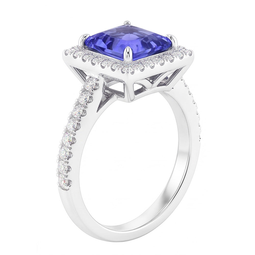 Natural Earth Mined Diamond Halo Radiant Sri Lankan Sapphire Ring 4.50 Carats White Gold