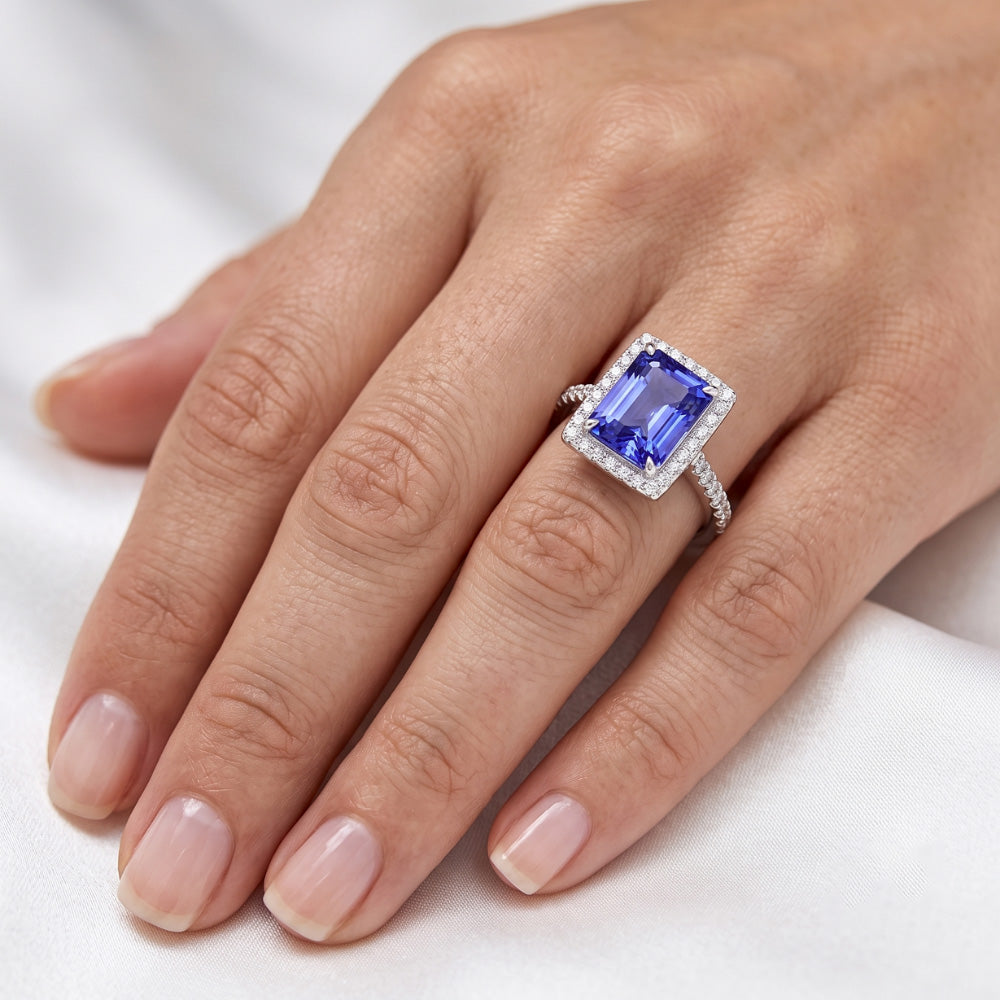 Natural Earth Mined Diamond Halo Radiant Sri Lankan Sapphire Ring 4.50 Carats White Gold