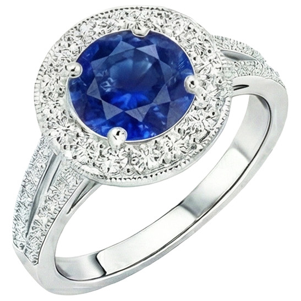 Natural Earth Mined Diamond Halo Ring Antique Style Prong Round Blue Sapphire 2.50 Carats