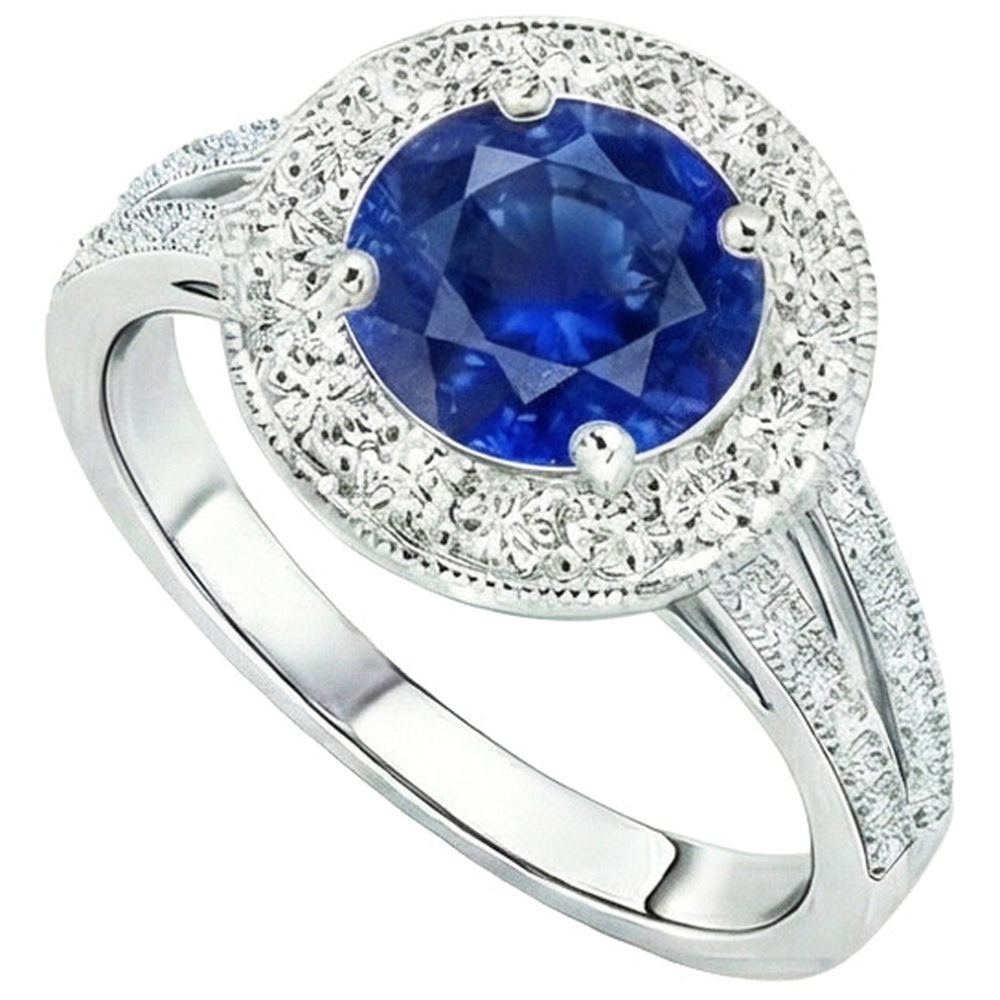 Natural Earth Mined Diamond Halo Ring Antique Style Prong Round Blue Sapphire 2.50 Carats