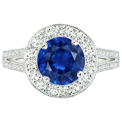 Natural Earth Mined Diamond Halo Ring Antique Style Prong Round Blue Sapphire 2.50 Carats