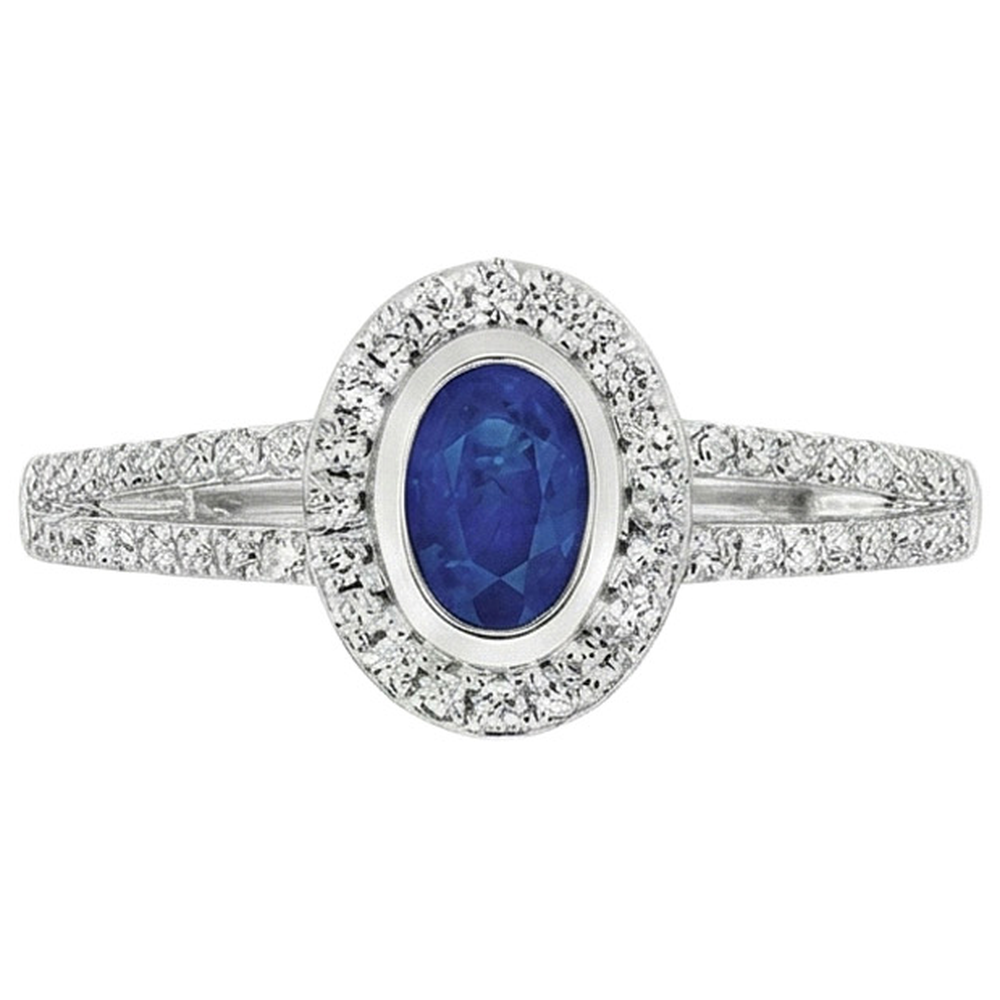 Natural Earth Mined Diamond Halo Ring Bezel Set Oval Ceylon Sapphire Gemstone 2.50 Carats