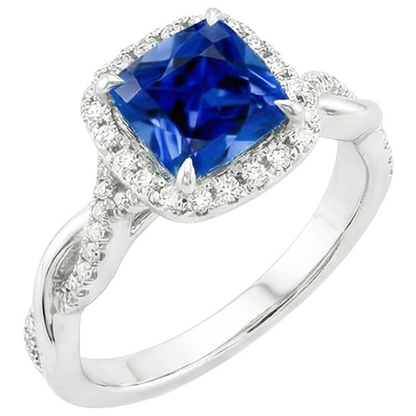 Natural Earth Mined Diamond Halo Ring Cushion Blue Sapphire Pave Set Accented 3.25 Carats