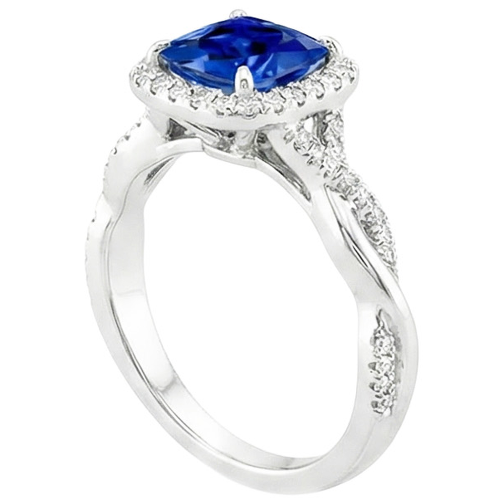 Natural Earth Mined Diamond Halo Ring Cushion Blue Sapphire Pave Set Accented 3.25 Carats