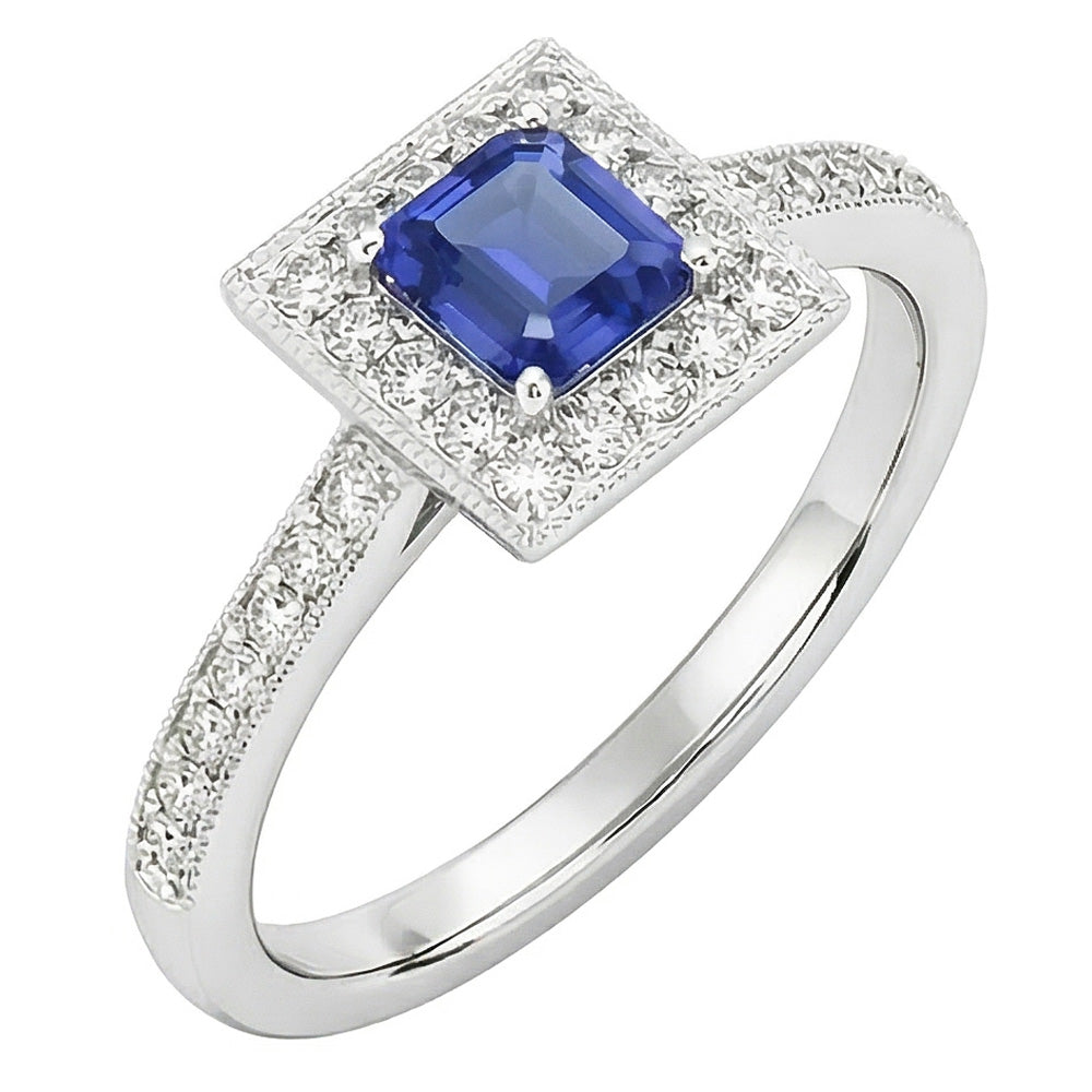 Natural Earth Mined Diamond Halo Ring Emerald Blue Sapphire 3 Carats 14K White Gold