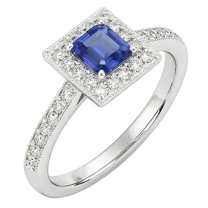 Natural Earth Mined Diamond Halo Ring Emerald Blue Sapphire 3 Carats 14K White Gold