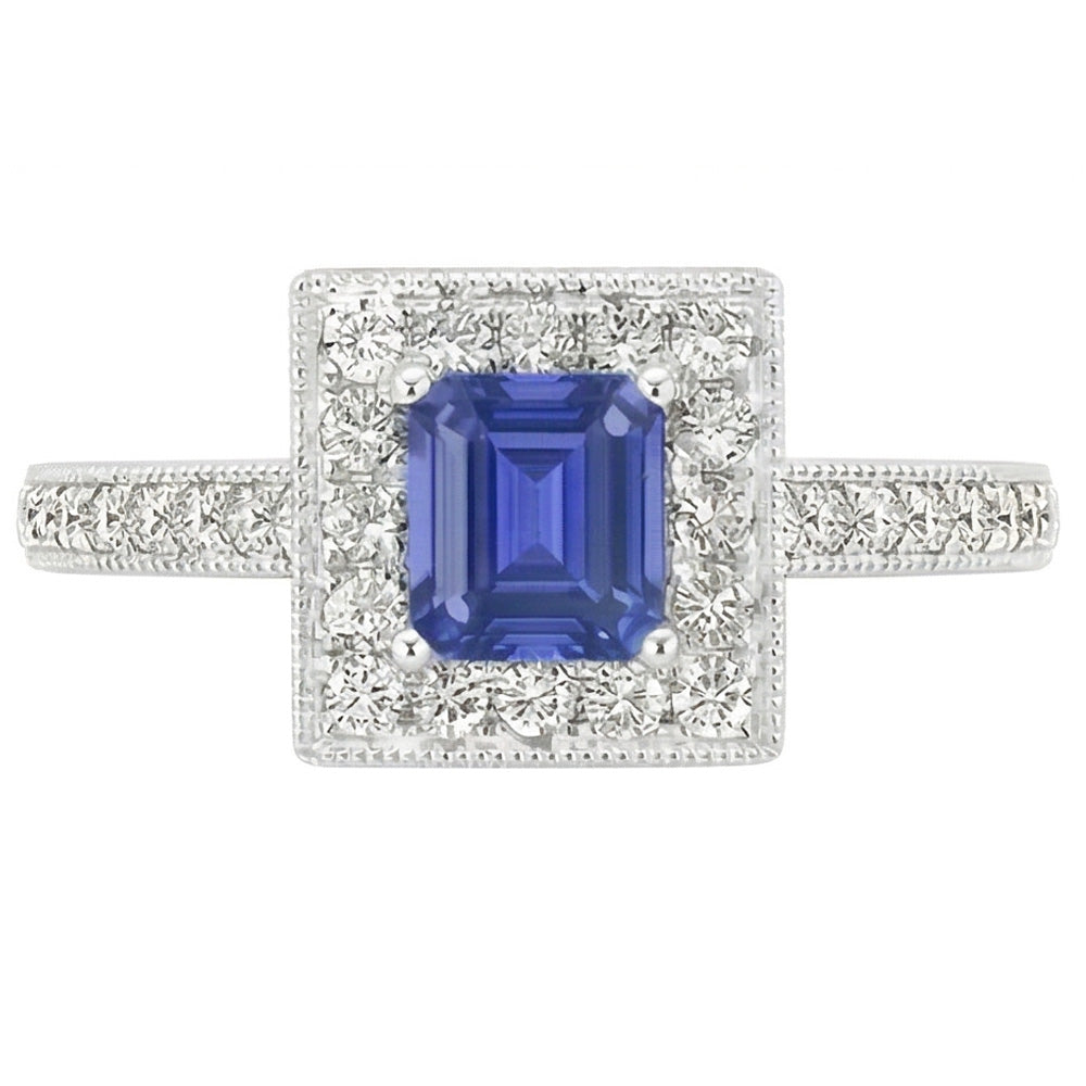 Natural Earth Mined Diamond Halo Ring Emerald Blue Sapphire 3 Carats 14K White Gold