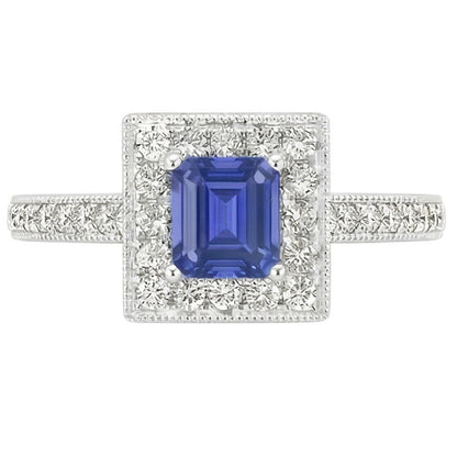 Natural Earth Mined Diamond Halo Ring Emerald Blue Sapphire 3 Carats 14K White Gold