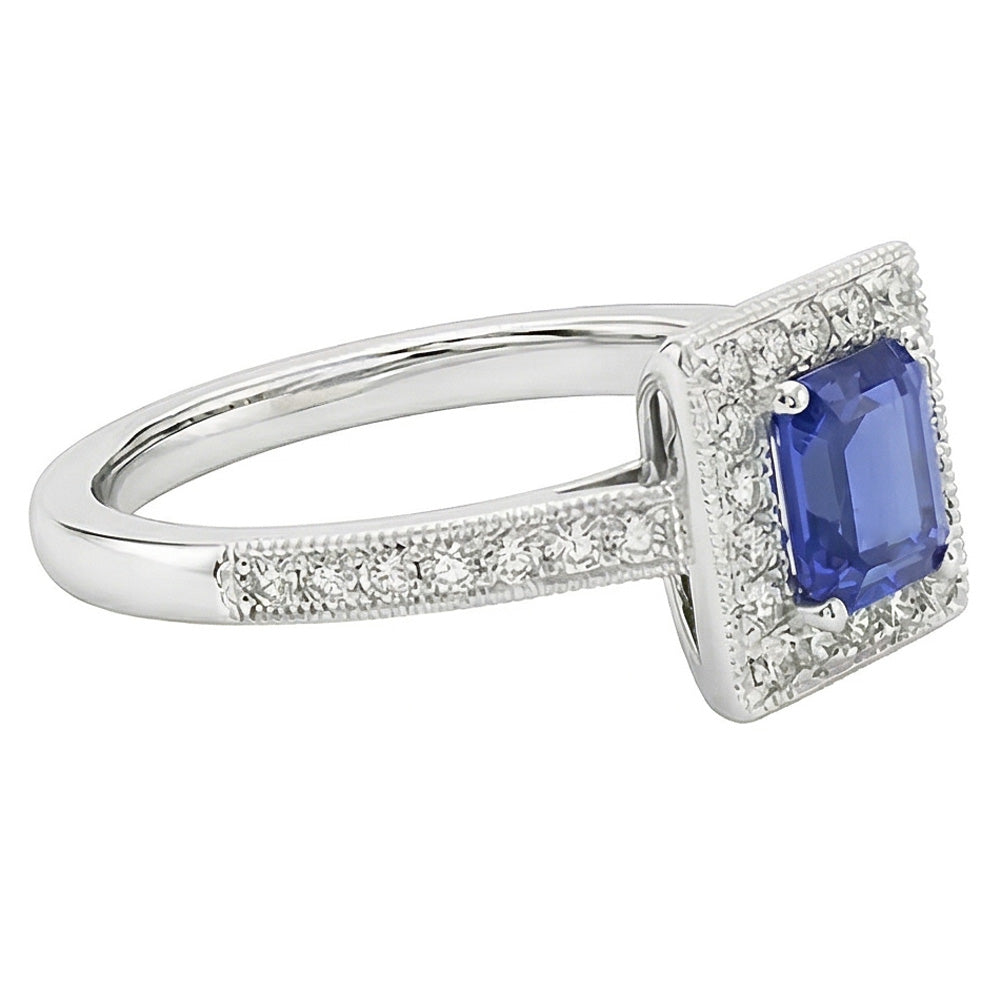 Natural Earth Mined Diamond Halo Ring Emerald Blue Sapphire 3 Carats 14K White Gold