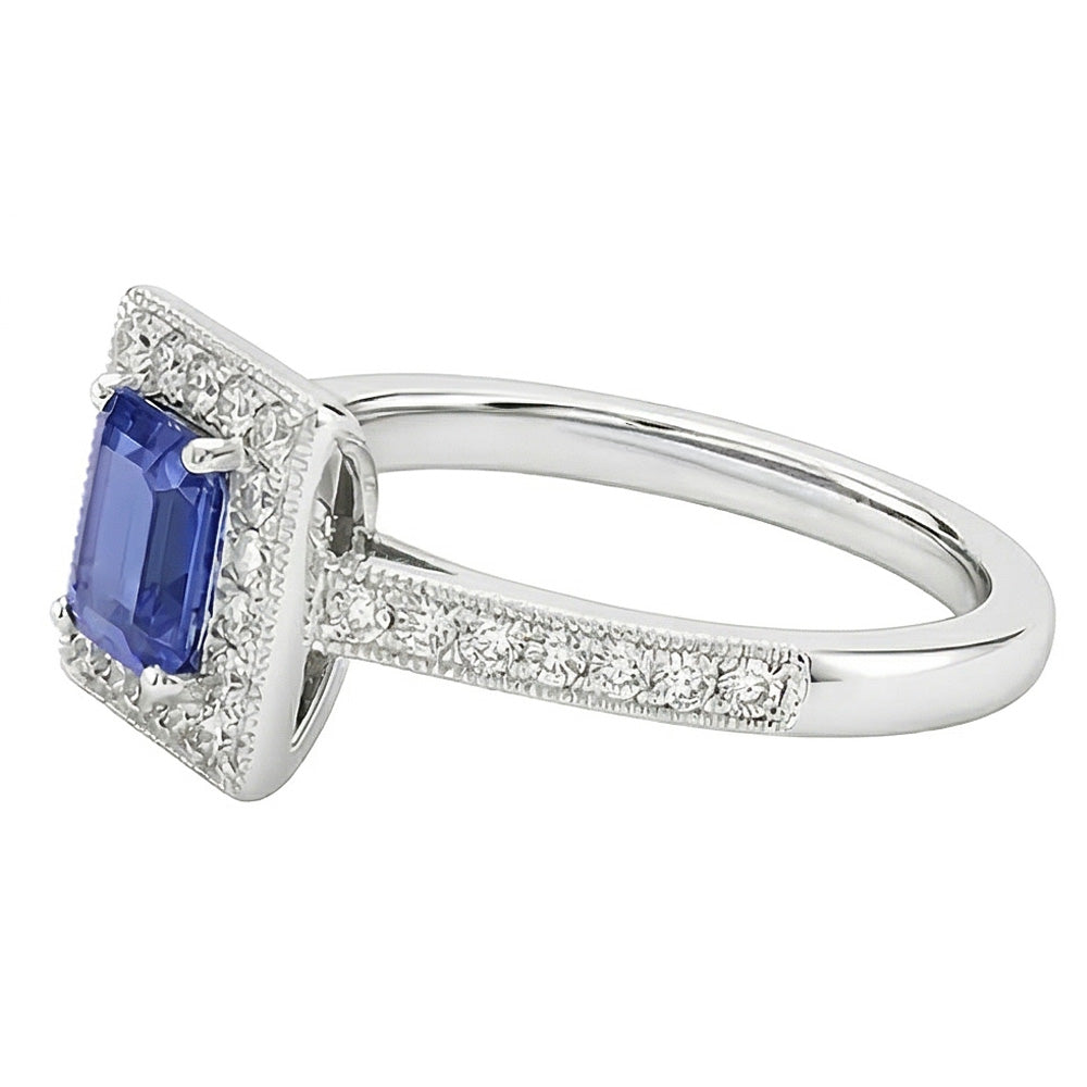 Natural Earth Mined Diamond Halo Ring Emerald Blue Sapphire 3 Carats 14K White Gold
