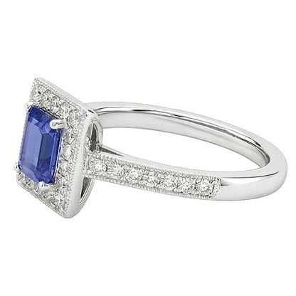Natural Earth Mined Diamond Halo Ring Emerald Blue Sapphire 3 Carats 14K White Gold