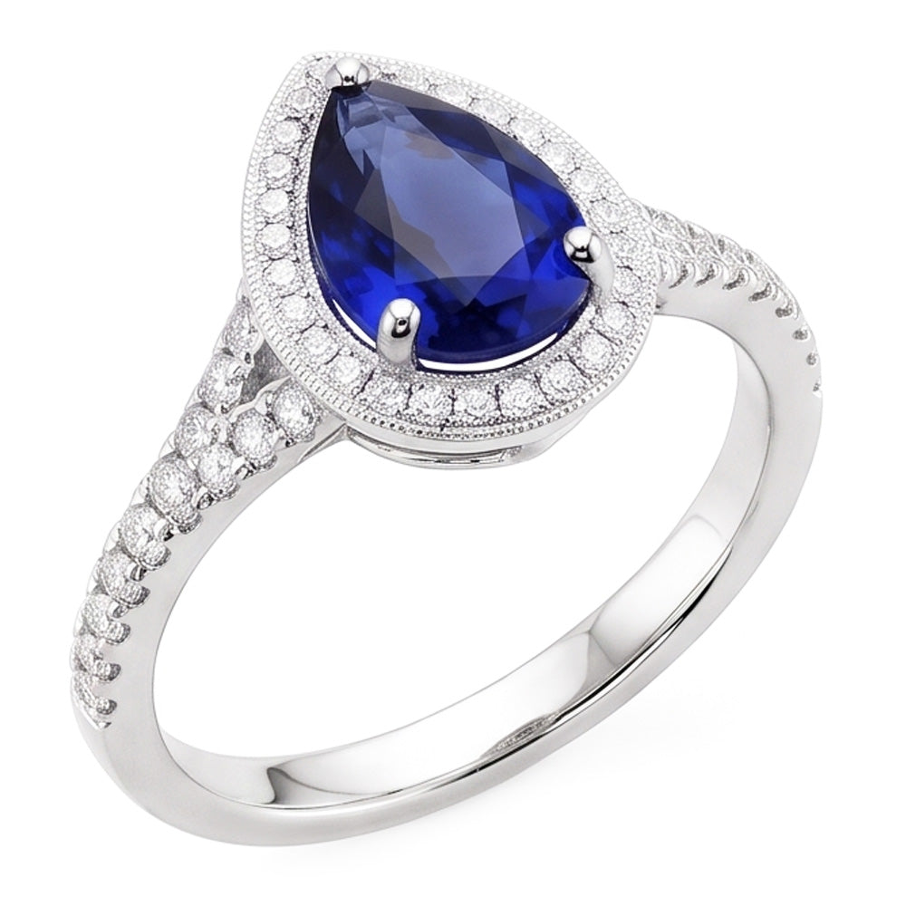Natural Earth Mined Diamond Halo Ring Pear Cut Blue Sapphire Antique Style 3.50 Carats