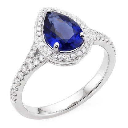 Natural Earth Mined Diamond Halo Ring Pear Cut Blue Sapphire Antique Style 3.50 Carats