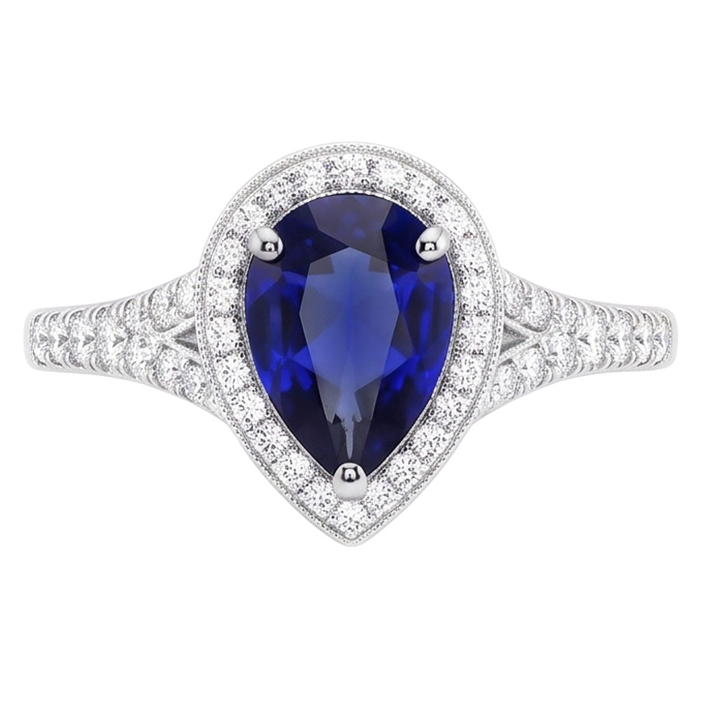 Natural Earth Mined Diamond Halo Ring Pear Cut Blue Sapphire Antique Style 3.50 Carats